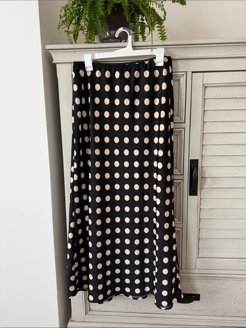 a new day Black Silky Maxi Skirt with Cream Polka Dots — Elegant Everyday Skirt